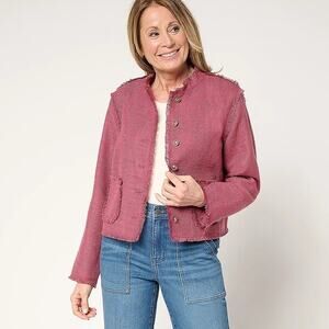 [LOGO Lori Goldstein] Pink Tweed Gold Button Front Fray Hem Lady Jacket Size XS